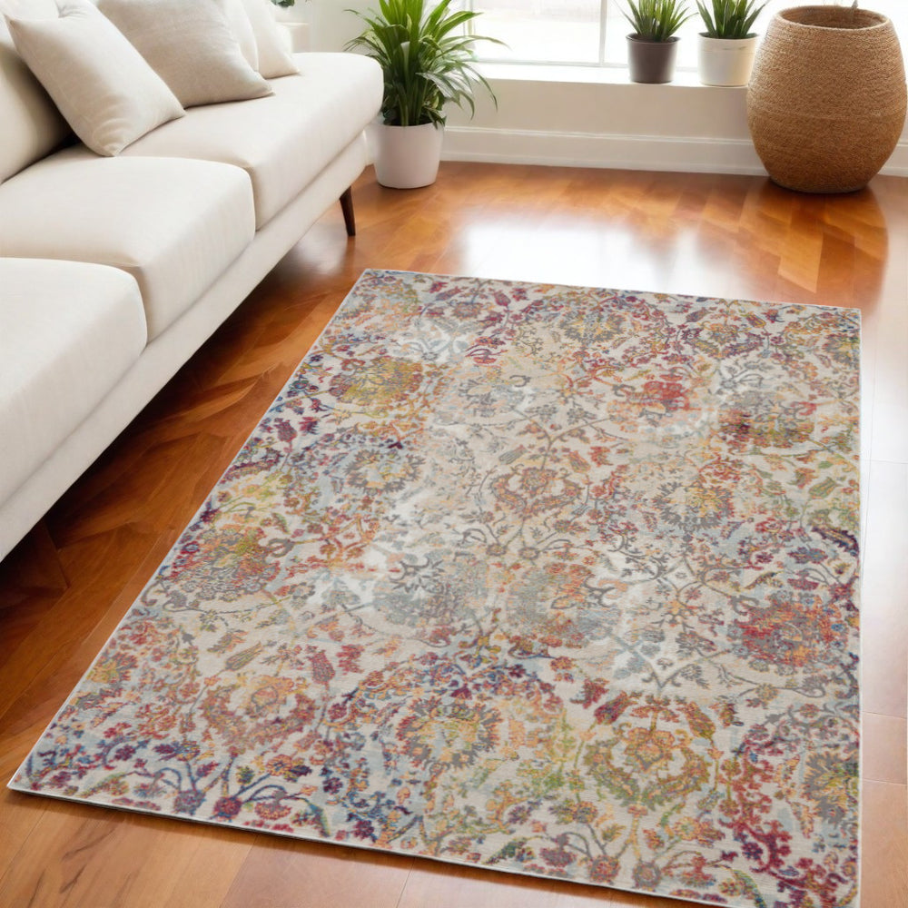 Homeroots 5' X 8' Ivory Gray And Orange Floral Distressed Non Skid Area Rug  Polypropylene,Polyester 551174