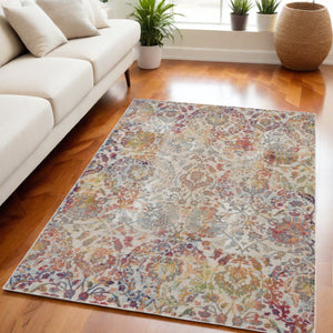 Homeroots 5' X 8' Ivory Gray And Orange Floral Distressed Non Skid Area Rug  Polypropylene,Polyester 551174