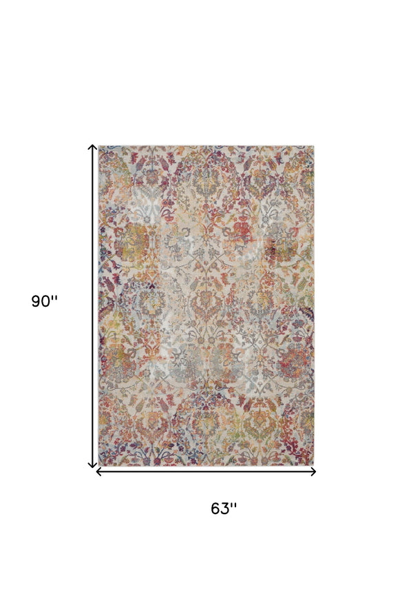 Homeroots 5' X 8' Ivory Gray And Orange Floral Distressed Non Skid Area Rug  Polypropylene,Polyester 551174