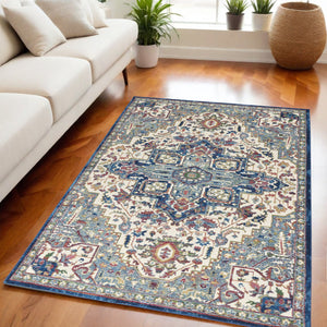 Homeroots 5' X 8' Navy Blue And Ivory Floral Medallion Distressed Non Skid Area Rug  Polypropylene,Polyester 551180