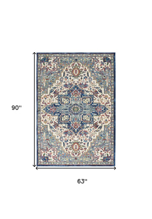 Homeroots 5' X 8' Navy Blue And Ivory Floral Medallion Distressed Non Skid Area Rug  Polypropylene,Polyester 551180