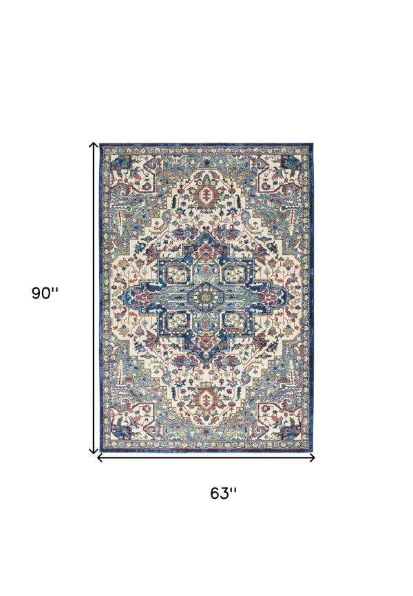Homeroots 5' X 8' Navy Blue And Ivory Floral Medallion Distressed Non Skid Area Rug  Polypropylene,Polyester 551180