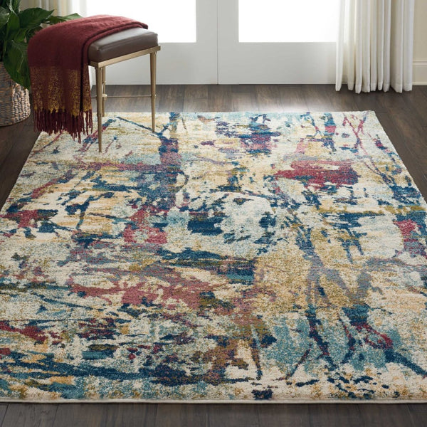 HomeRoots 4' Cream Blue and Green Abstract Distressed Area Rug - Durable Power-Loomed Design for Modern Spaces 5' X 7' 551182