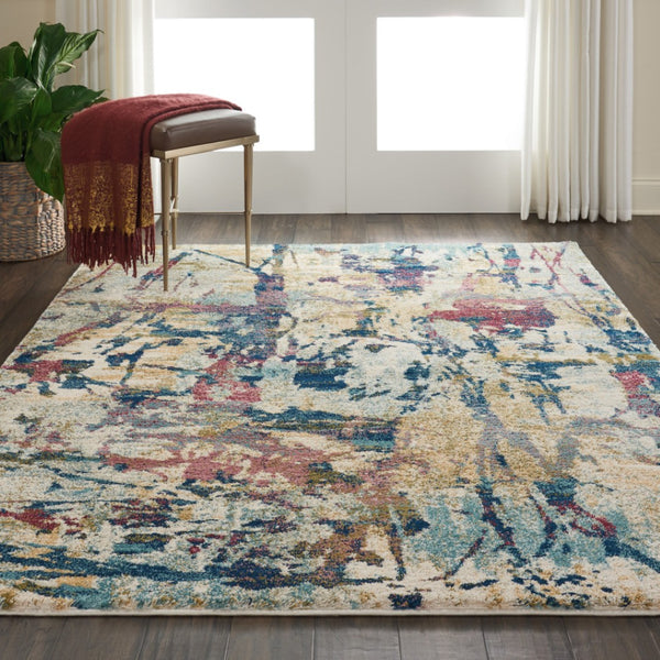 HomeRoots 4' Cream Blue and Green Abstract Distressed Area Rug - Durable Power-Loomed Design for Modern Spaces 5' X 7' 551182