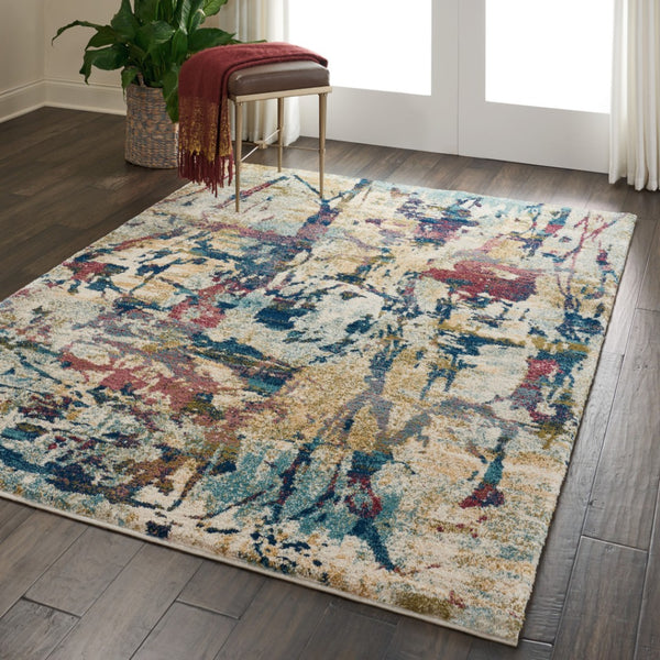 HomeRoots 4' Cream Blue and Green Abstract Distressed Area Rug - Durable Power-Loomed Design for Modern Spaces 5' X 7' 551182