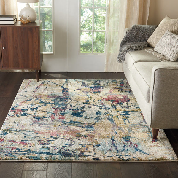 HomeRoots 4' Cream Blue and Green Abstract Distressed Area Rug - Durable Power-Loomed Design for Modern Spaces 5' X 7' 551182