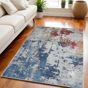 Homeroots 5' X 8' Ivory Red And Blue Abstract Distressed Non Skid Area Rug  Polypropylene,Polyester 551184