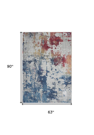 Homeroots 5' X 8' Ivory Red And Blue Abstract Distressed Non Skid Area Rug  Polypropylene,Polyester 551184