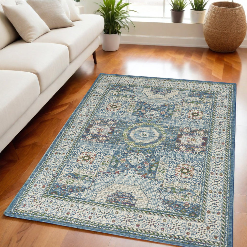 Homeroots 5' X 8' Ivory Blue And Green Oriental Distressed Non Skid Area Rug  Polypropylene,Polyester 551189