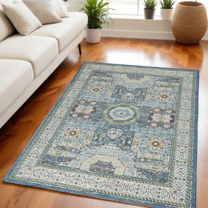 Homeroots 5' X 8' Ivory Blue And Green Oriental Distressed Non Skid Area Rug  Polypropylene,Polyester 551189