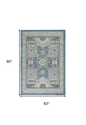 Homeroots 5' X 8' Ivory Blue And Green Oriental Distressed Non Skid Area Rug  Polypropylene,Polyester 551189