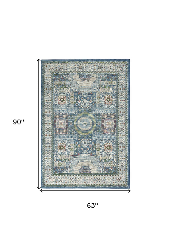 Homeroots 5' X 8' Ivory Blue And Green Oriental Distressed Non Skid Area Rug  Polypropylene,Polyester 551189