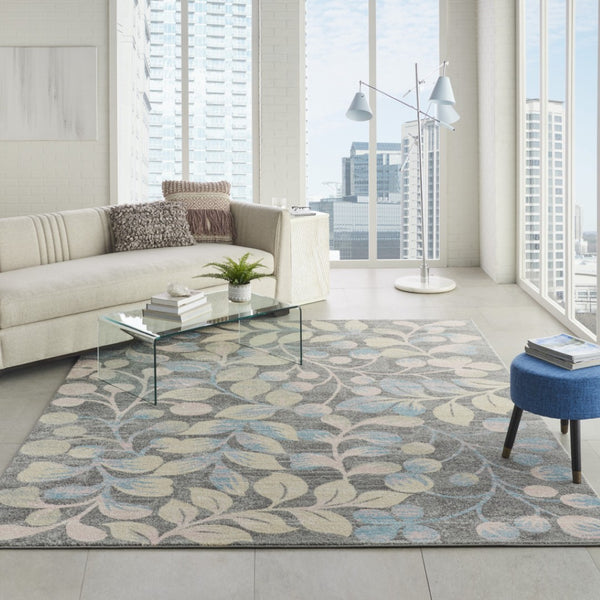 Homeroots 8' X 10' Beige Gray And Blue Botanical Leaves Area Rug - Stain Resistant, Durable, Stylish Decor Piece  Polypropylene 551196