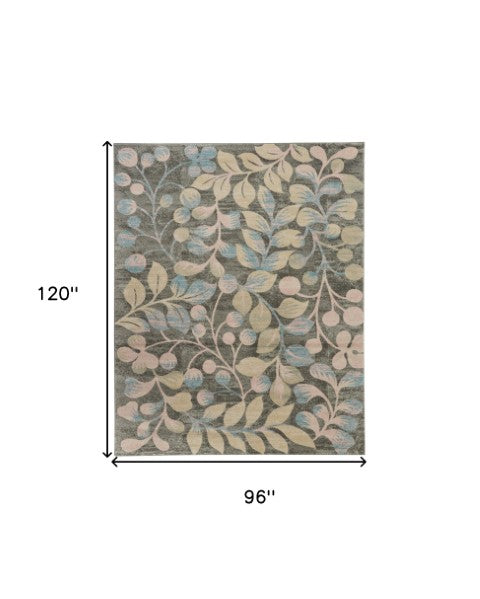 Homeroots 8' X 10' Beige Gray And Blue Botanical Leaves Area Rug - Stain Resistant, Durable, Stylish Decor Piece  Polypropylene 551196