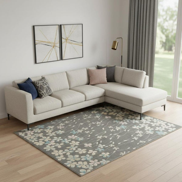 8 Foot X 10 Beige Gray Floral Polypropylene Rug for Living Room or Bedroom