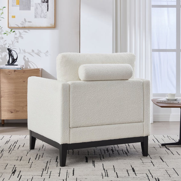 English Elm 35.4" Modern Farmhouse Ivory Boucle Accent Chair With Black Legs, Bolster Pillows For Cozy Living Room W3118P283469