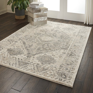 HomeRoots 5' Timeless Cream and Gray Floral Distressed Area Rug for Elegant Living Spaces and Durability 5' X 7' 551211