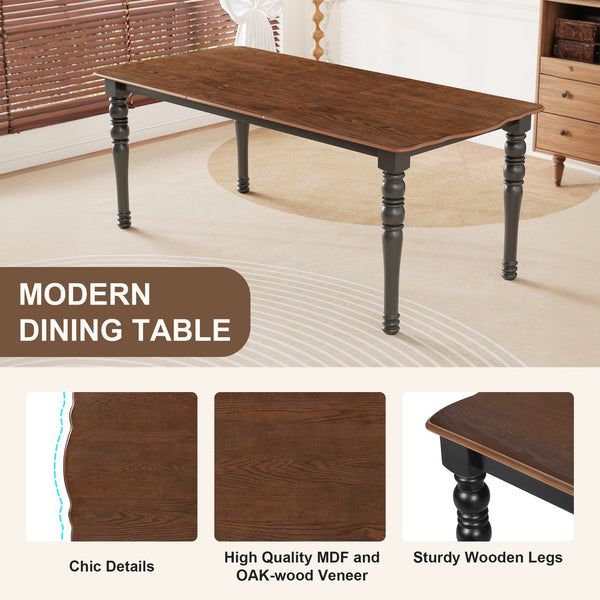 English Elm 7-Piece Extendable Dining Set with Removable Leaf and 6 Upholstered Chairs, Solid Rubberwood Legs, Seats 6 Black+Brown N752S000030B