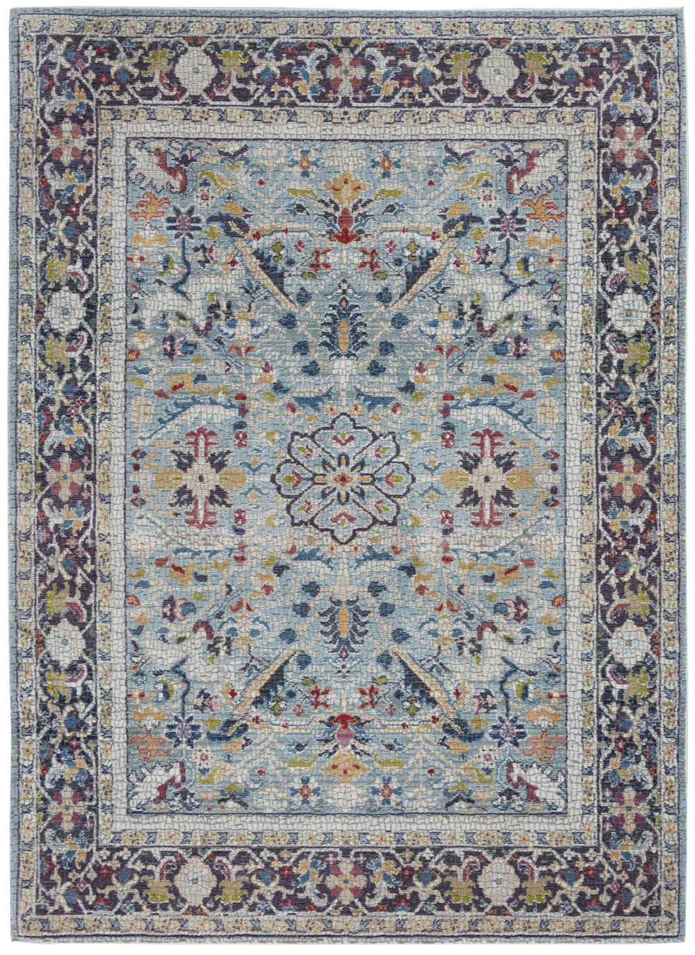 Homeroots 5' X 8' Teal Blue Orange And Black Floral Distressed Non Skid Area Rug  Polypropylene,Polyester 551222