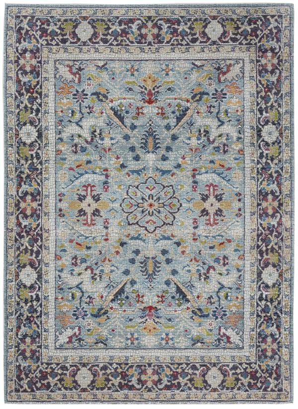 Homeroots 5' X 8' Teal Blue Orange And Black Floral Distressed Non Skid Area Rug  Polypropylene,Polyester 551222