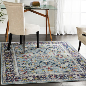 HomeRoots 5' Distressed Floral Area Rug in Teal Blue, Orange, and Black - Non-Skid and Durable Design 5' X 8' 551222