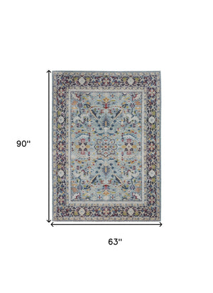 Homeroots 5' X 8' Teal Blue Orange And Black Floral Distressed Non Skid Area Rug  Polypropylene,Polyester 551222