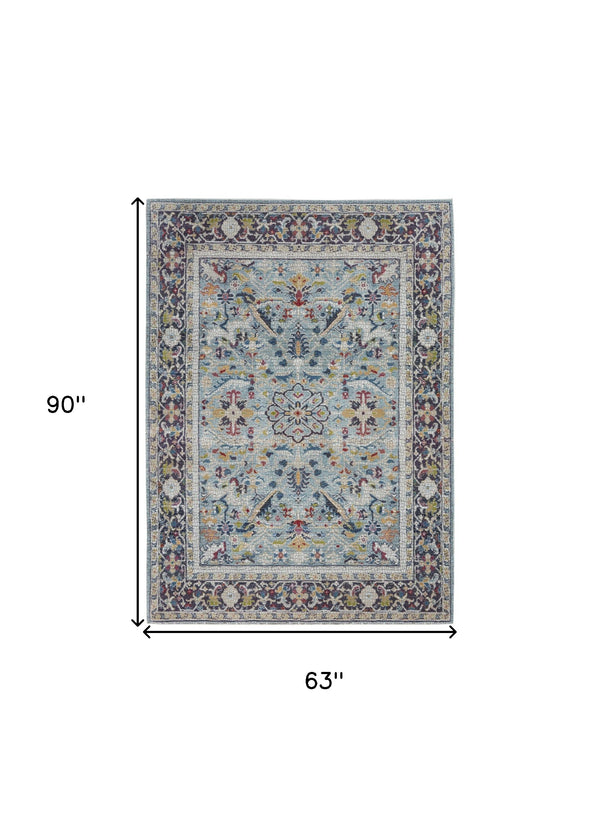 Homeroots 5' X 8' Teal Blue Orange And Black Floral Distressed Non Skid Area Rug  Polypropylene,Polyester 551222