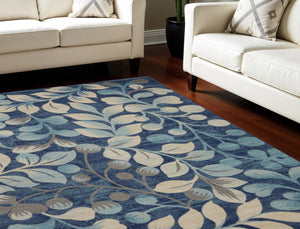 Homeroots 5' Botanical Leaves Area Rug In Navy Blue & Beige - Durable, Stain Resistant, Perfect For Any Room 8' X 10' Polypropylene 551227