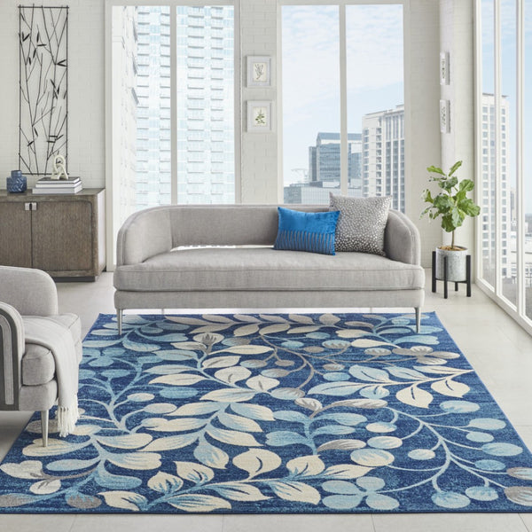 HomeRoots 5' Navy Blue and Beige Botanical Leaves Area Rug for Stylish and Durable Home Decor Solutions 8' X 10' 551227