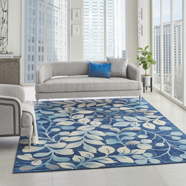 HomeRoots 5' Navy Blue and Beige Botanical Leaves Area Rug for Stylish and Durable Home Decor Solutions 8' X 10' 551227