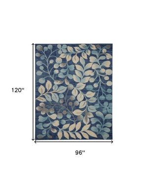 Homeroots 5' Botanical Leaves Area Rug In Navy Blue & Beige - Durable, Stain Resistant, Perfect For Any Room 8' X 10' Polypropylene 551227