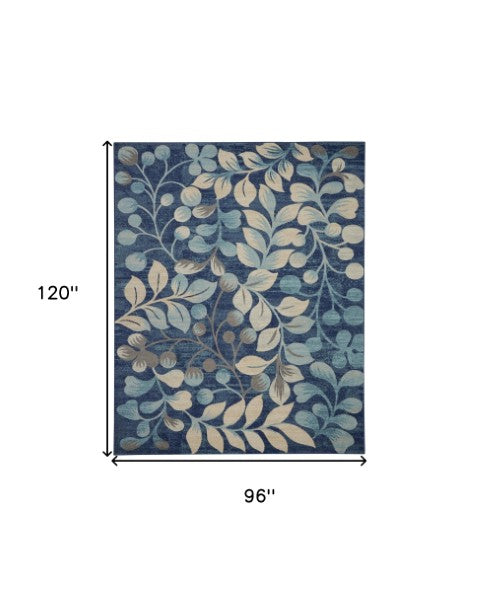 Homeroots 5' Botanical Leaves Area Rug In Navy Blue & Beige - Durable, Stain Resistant, Perfect For Any Room 8' X 10' Polypropylene 551227