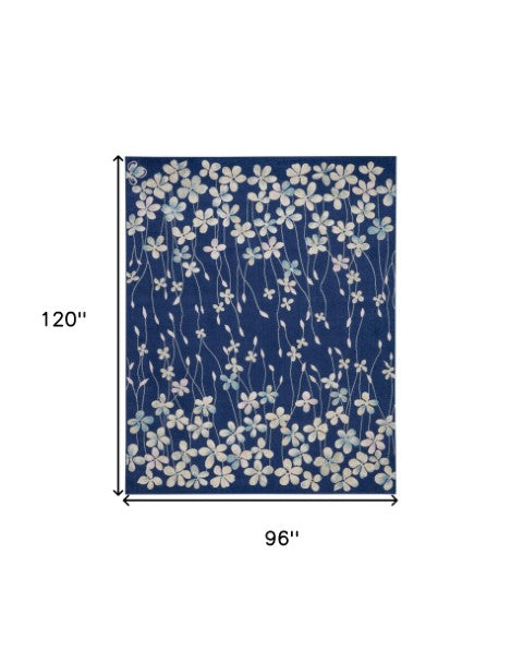 Homeroots 6' Navy Blue And Ivory Floral Area Rug - Durable, Stain Resistant, Ideal For Kids And Pets, 72x108" 8' X 10' Polypropylene 551229