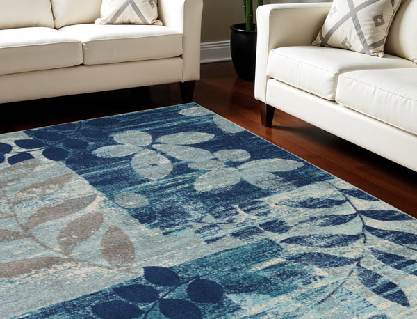 Homeroots 5' Stylish Navy Blue & Gray Botanical Leaves Area Rug – Durable, Stain Resistant & Perfect For Homes 8' X 10' Polypropylene 551230