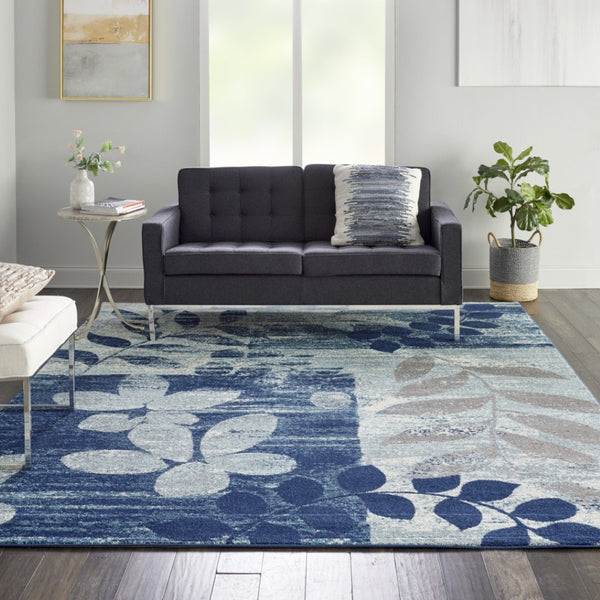 HomeRoots 5' Botanical Leaves Area Rug in Navy and Light Blue – Durable, Easy-Clean Design for Cozy Spaces 8' X 10' 551230