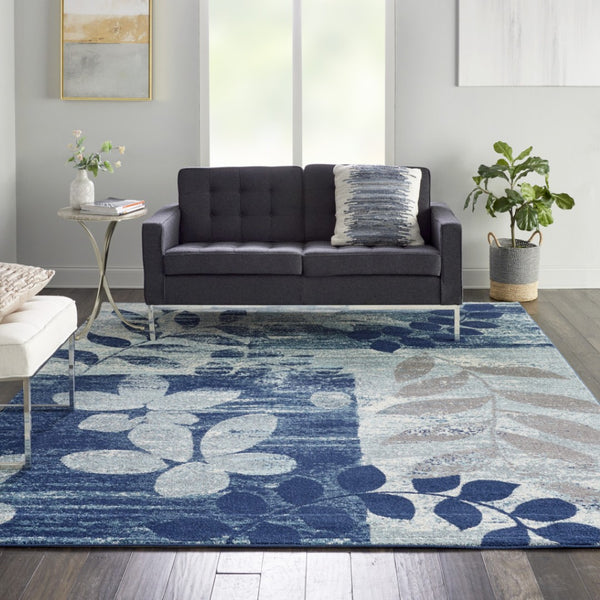 Homeroots 5' Stylish Navy Blue & Gray Botanical Leaves Area Rug – Durable, Stain Resistant & Perfect For Homes 8' X 10' Polypropylene 551230