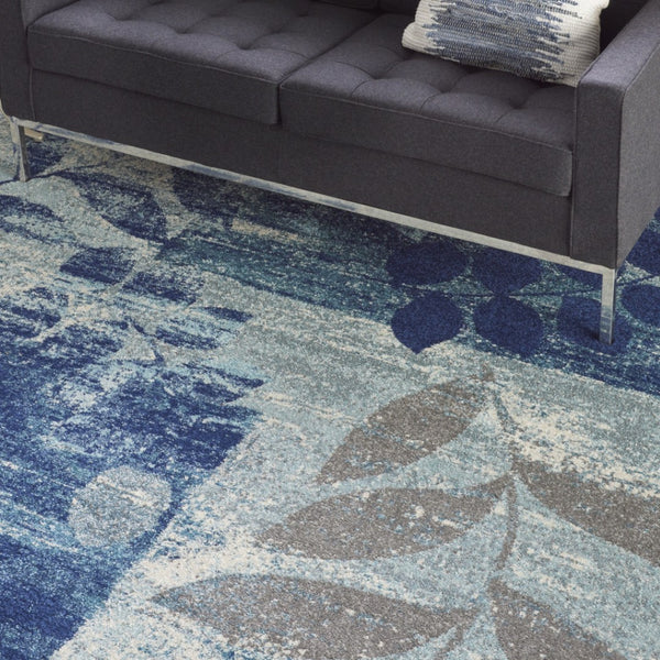 Homeroots 5' Stylish Navy Blue & Gray Botanical Leaves Area Rug – Durable, Stain Resistant & Perfect For Homes 8' X 10' Polypropylene 551230