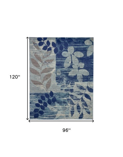 Homeroots 5' Stylish Navy Blue & Gray Botanical Leaves Area Rug – Durable, Stain Resistant & Perfect For Homes 8' X 10' Polypropylene 551230