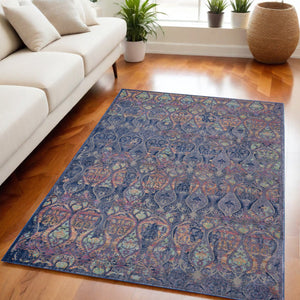 Homeroots 5' X 8' Navy Blue And Orange Ogee Distressed Non Skid Area Rug  Polypropylene,Polyester 551232