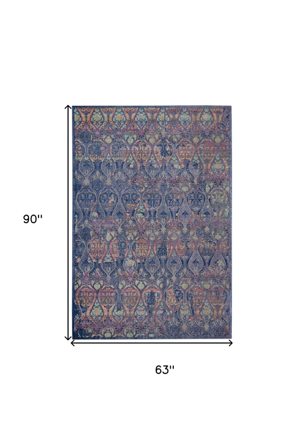 Homeroots 5' X 8' Navy Blue And Orange Ogee Distressed Non Skid Area Rug  Polypropylene,Polyester 551232