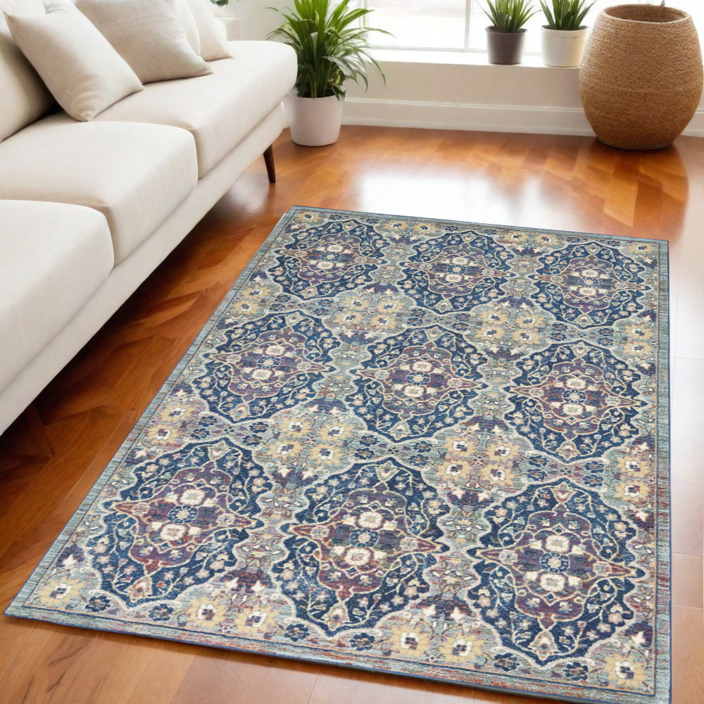 Homeroots 5' X 8' Ivory Navy Blue And Yellow Floral Distressed Non Skid Area Rug  Polypropylene,Polyester 551234
