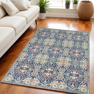 Homeroots 5' X 8' Ivory Navy Blue And Yellow Floral Distressed Non Skid Area Rug  Polypropylene,Polyester 551234
