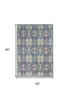 Homeroots 5' X 8' Ivory Navy Blue And Yellow Floral Distressed Non Skid Area Rug  Polypropylene,Polyester 551234