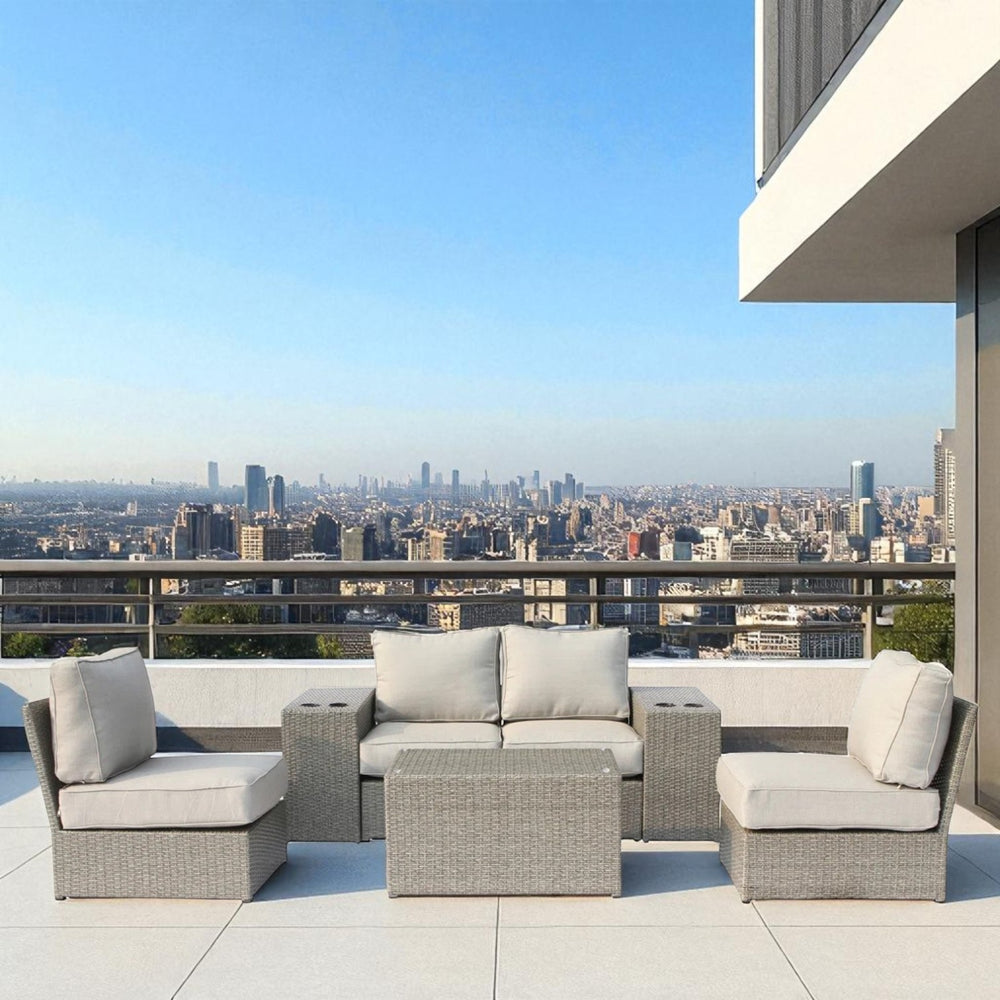 English Elm All-Weather Wicker Sectional Set For 4 – Pre-Assembled Outdoor Comfort With Plush Cushions & Table B120S00241