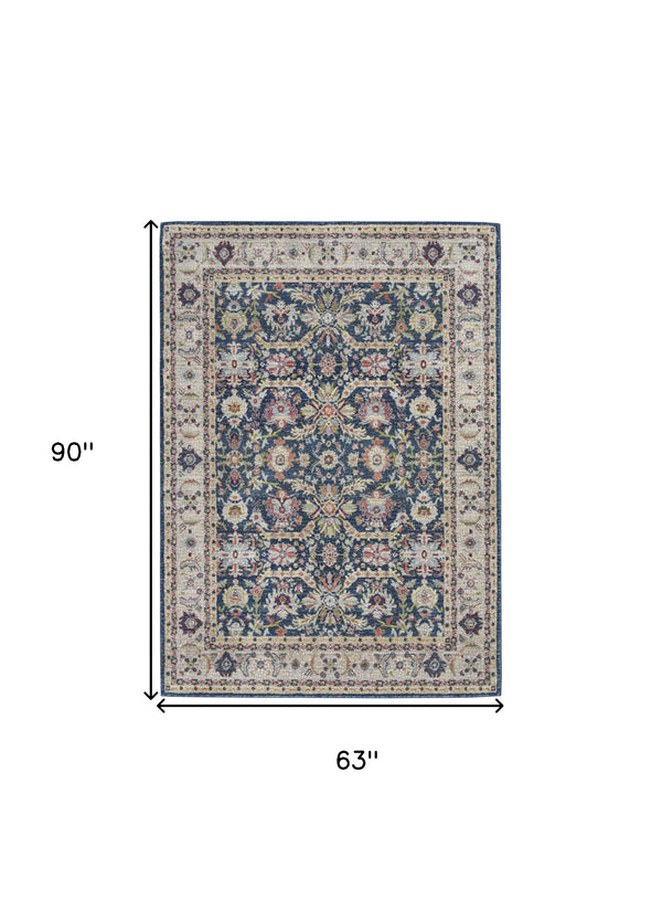 Homeroots 5' X 8' Navy Blue And Yellow Floral Distressed Non Skid Area Rug  Polypropylene,Polyester 551236