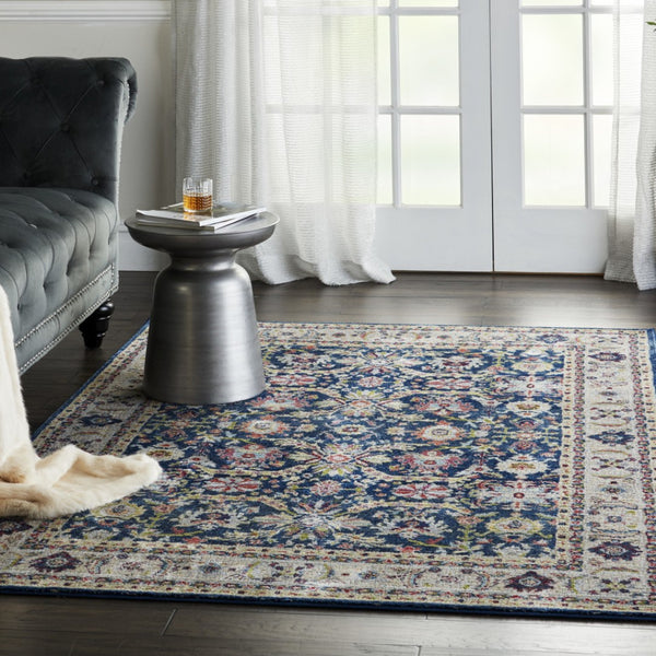 HomeRoots 5' Navy Blue and Yellow Floral Distressed Area Rug – Timeless Design & Durable Non-Skid Comfort 5' X 8' 551236