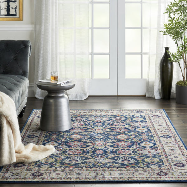 HomeRoots 5' Navy Blue and Yellow Floral Distressed Area Rug – Timeless Design & Durable Non-Skid Comfort 5' X 8' 551236