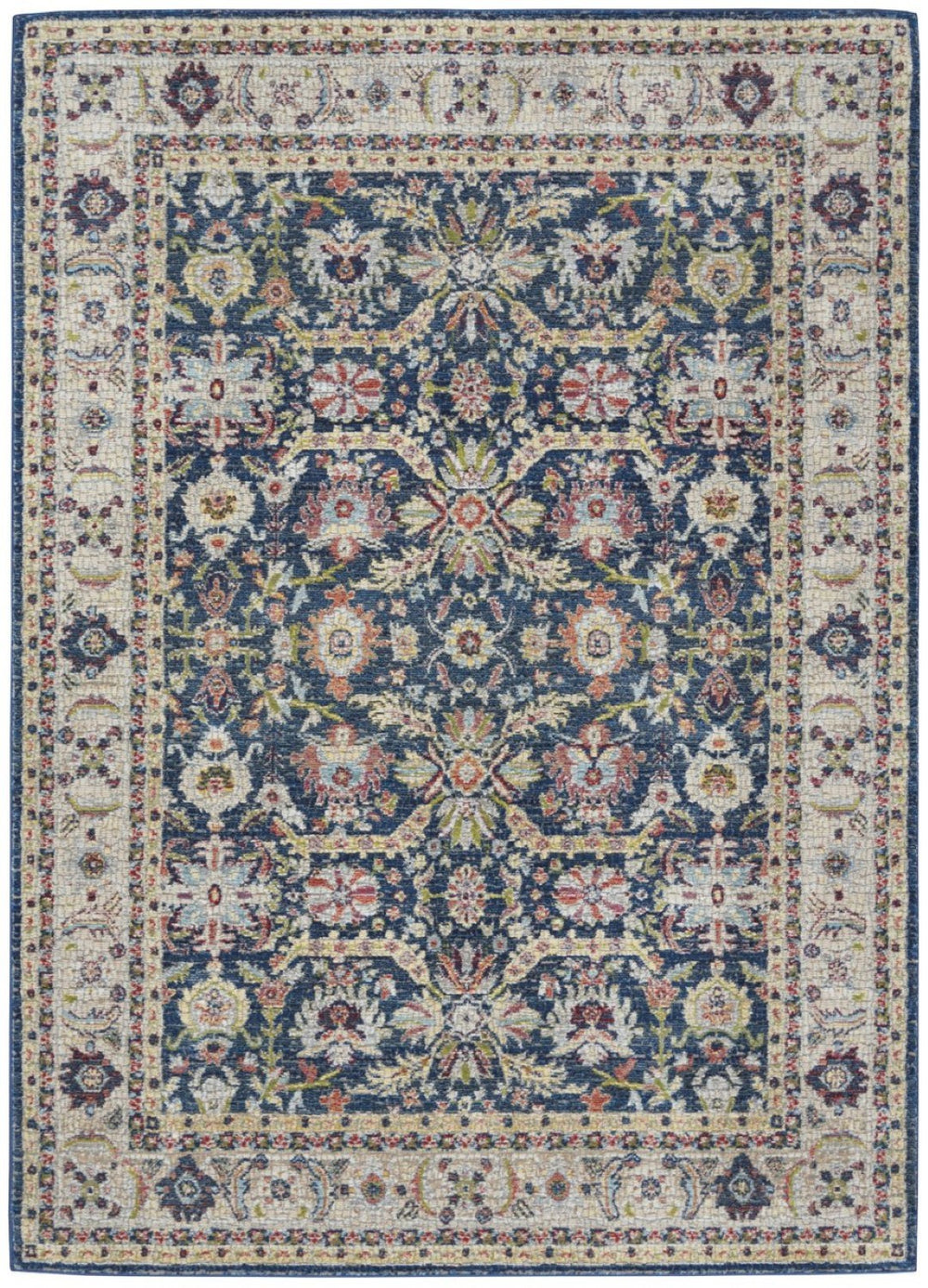 HomeRoots 5' Navy Blue and Yellow Floral Distressed Area Rug – Timeless Design & Durable Non-Skid Comfort 5' X 8' 551236