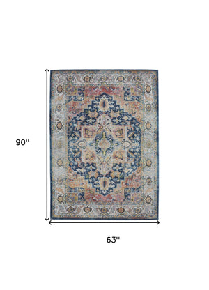 Homeroots 5' X 8' Ivory Blue And Orange Floral Medallion Distressed Non Skid Area Rug  Polypropylene,Polyester 551237