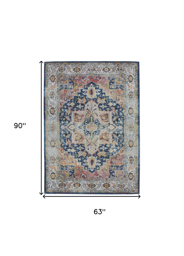 Homeroots 5' X 8' Ivory Blue And Orange Floral Medallion Distressed Non Skid Area Rug  Polypropylene,Polyester 551237